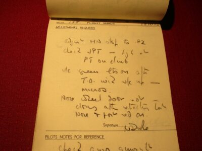 Page of a handwritten notepad|Handwritten cover of a notepad ‘Pilots Flight Snags’